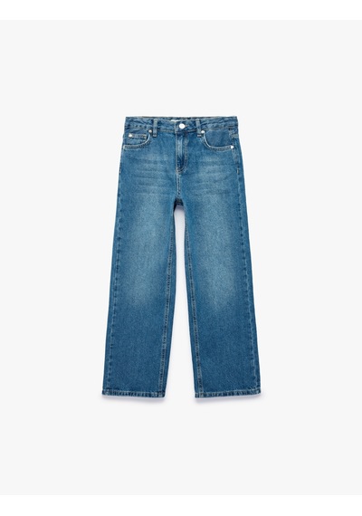 Koton Yıldız Detaylı Pamuklu Loose Fit Geniş Paça Denim Pantolon Orta İndigo 7wkg40033ad