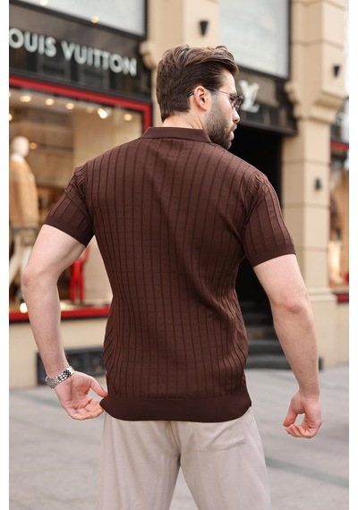 Kahverengi Polo Yaka Slim Fit Triko Erkek Tişört E7465 Kahverengi