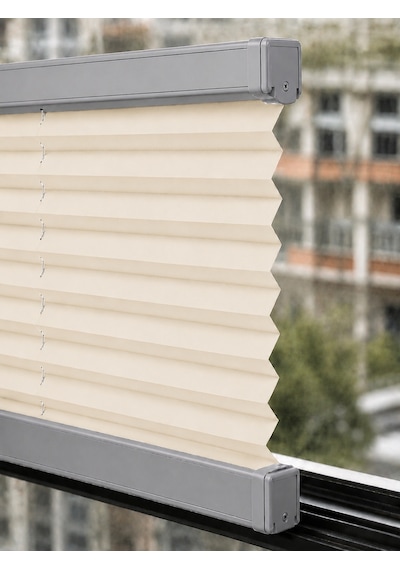 Plise Perde Krem Kumaş + Gri Profil Kasa Cam Balkon Perdesi