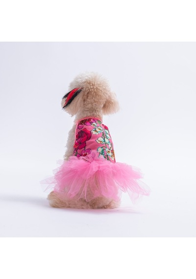 Pink Wildflowers Pembe Çiçek Desenli Kedi Köpek Elbisesi - Kedi Köpek Kıyafeti