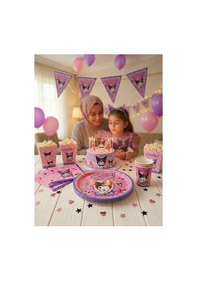 Kuromi Temalı Doğum Günü Parti Seti 8 Kişilik Tabak, Bardak, Balon, Flama, Popcorn Kutusu, Peçete