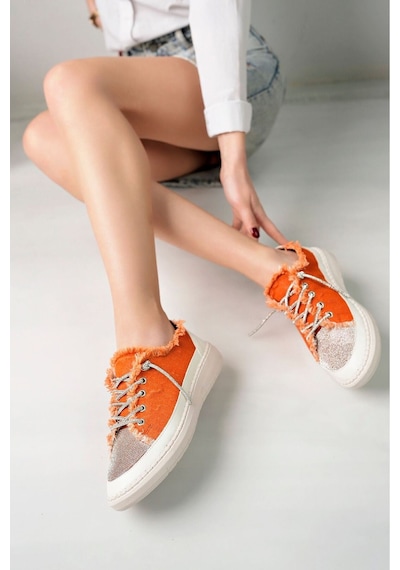 Craft Moda Neva Taşlı Düz Taban Kadın Kot Sneakers Turuncu