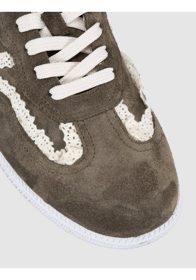Volanar Hakiki Deri Hakı Süet Dantel Detaylı Günlük Sneaker Ayakkabı Haki