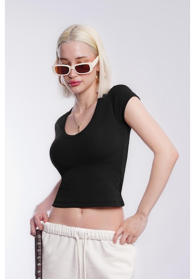 Siyah V Yaka Basic Kadın Tişört Mg2450