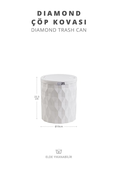 Okyanus Home Diamond Beyaz Click Kapak Çöp Kovası Beyaz