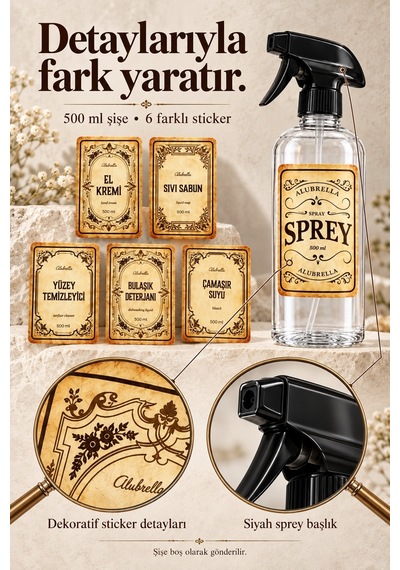 Alubrella 500 Ml Şeffaf Boş Sprey Şişe Ve 6 Lı Genel Amaçlı Etiket Seti Amber