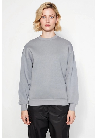 Benerly Kadın Bisiklet Yaka Düşük Kol Regular Kalıp Örme Sweatshirt Fonks Gri