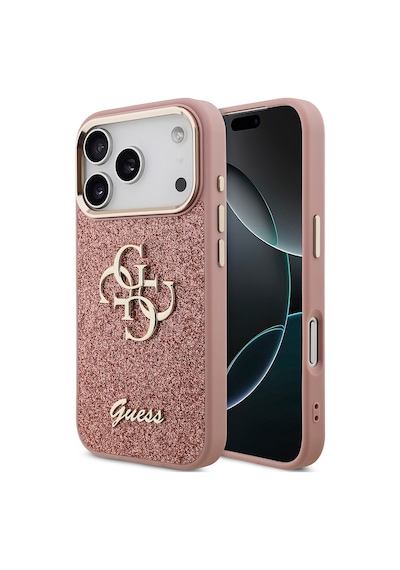 Apple Uyumlu iPhone 17 Pro Kılıf Guess Lisanslı 4g Büyük Metal Logolu Glitter Kapak Pembe Pembe