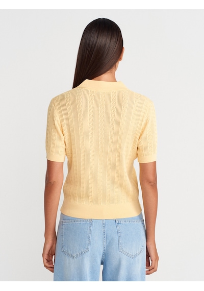 Dilvin 10781 Polo Yaka Düğmeli Ajurlu Triko Bluz-sarı Sari