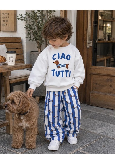 Ciao Tutti Baskılı Sweatshirt Sosis Köpek Baskılı Mavi Çizgili Eşofman 3ip Unisex Alt Üst Takım Beyaz Ciao Tutti Baskılı Sweatshirt Sosis Köpek Baskılı Mavi Çizgili Eşofman 3ip Unisex Alt Üst Takım Beyaz