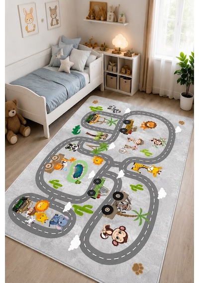 STY Home Safari Gri Çocuk Oyun Halısı Kaymaz Makinede Yıkanabilir Eğitici Bebek Ve Çocuk Odası Halısı Oyun67