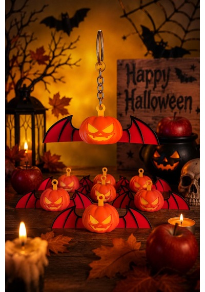 2'li Hareketli Balkabağı Yarasa Anahtarlık Halloween & Cadılar Bayramı Dekoratif Anahtarlık 3d Baskı Hediyelik Turuncu