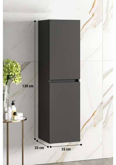 Yıldız 35 130 Cm Antrasit Gri Mat Mdf Sepetli Asma Banyo Boy Dolabı