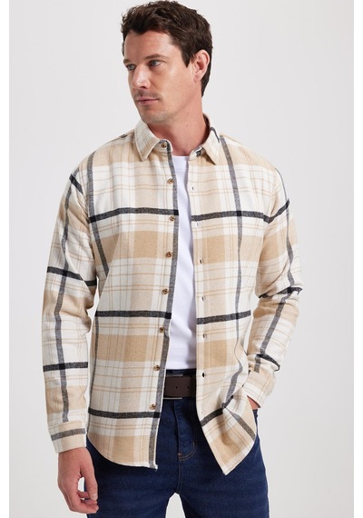 Tudors Erkek Slim Fit Dar Kesim Kareli Kışlık Oduncu Gömlek-42346 Ekru