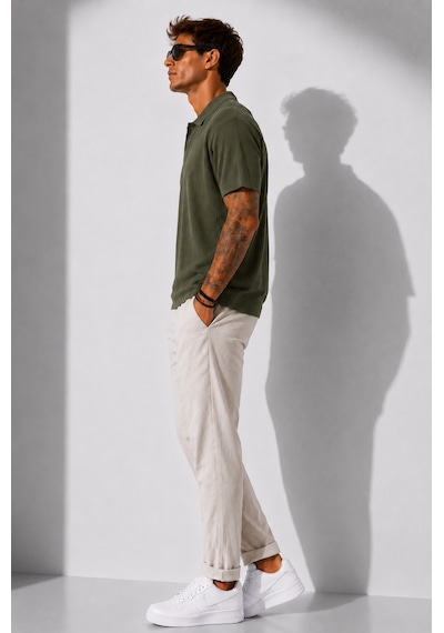 Ribana Erkek Kısa Kollu Fitilli Yarım Düğme Kapama Polo Yaka T-shirt 26001 Haki