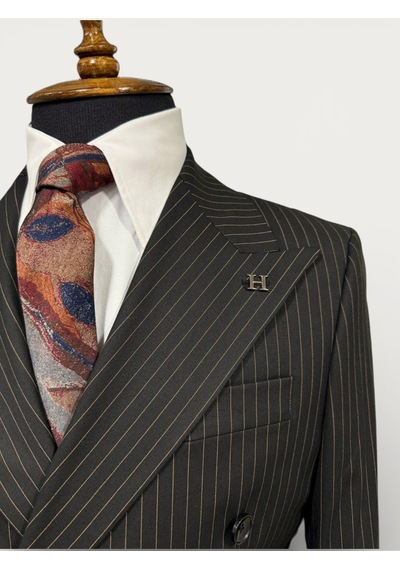 Hermose Sartorial Onyx Siyah Terakota Çizgili Kruvaze Takım Elbise