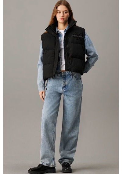 Calvin Klein Sport Full Zip Chenille Logo Puffer Vest Kadın Şişme Yelek Siyah Siyah