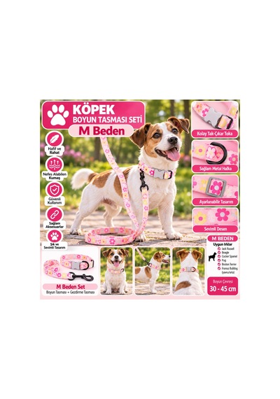Senye Köpek Boyun Tasması Seti Pembe Çiçekli M Beden Boyun 30-45 Cm Çok Renkli