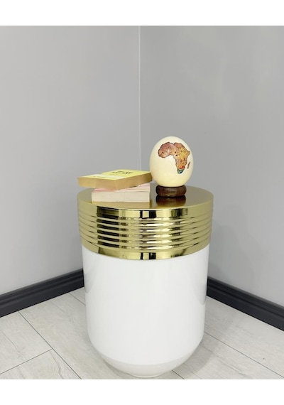 Elegant Dekoratif Gold Darbuka Parlak Beyaz Sehpa 60cm