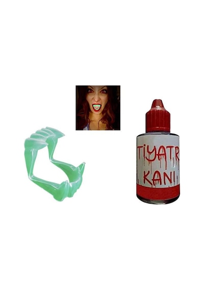 Fosforlu Çift Damak Takma Vampir Dişi Ve 50 Gr Tiyatro  Kanı