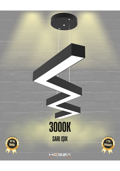 Zigzag Siyah Kasa, Sarı Işık Modern Sarkıt Led Avize Siyah