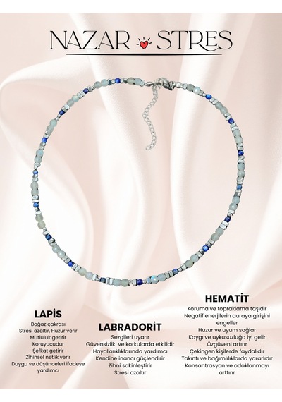 Sertifikalı Labradorit, Lapis Lazuli Ve Hematit Doğal Taşlı Çelik Kadın Kolye Gri