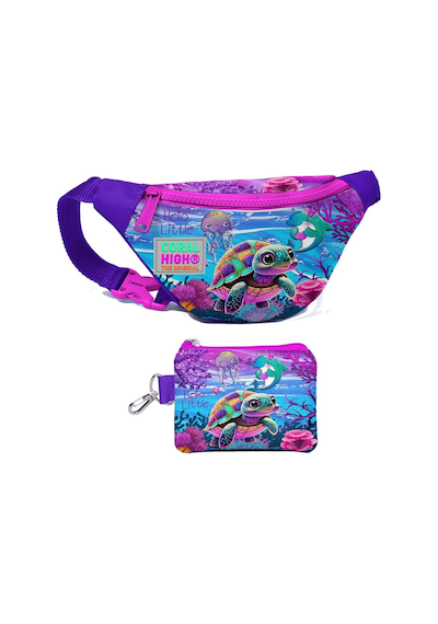 Coral High Kız Çocuk Pembe Mor Kaplumbağa Desenli Bel Çantası Ve Bozuk Para Cüzdanı Set Çok Renkli