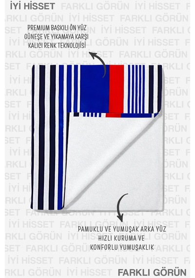 Çizgili Marine Çift Taraflı Plaj Havlusu - Modern Lacivert Kırmızı Hızlı Kuruyan Mikrofiber Havlu Çok Renkli