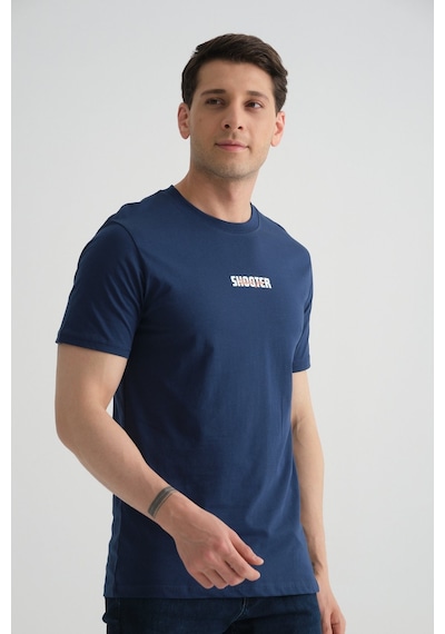 Shooter Sportwear Shooter Erkek T-shirt Minimal Baskılı Pamuklu Kumaş Standart Kalıp İndigo