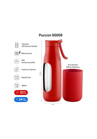 Puccon 500 Ml Pipetli Kırmızı Çelik Matara/termos - Silikon Gövdeli Plus - 50009