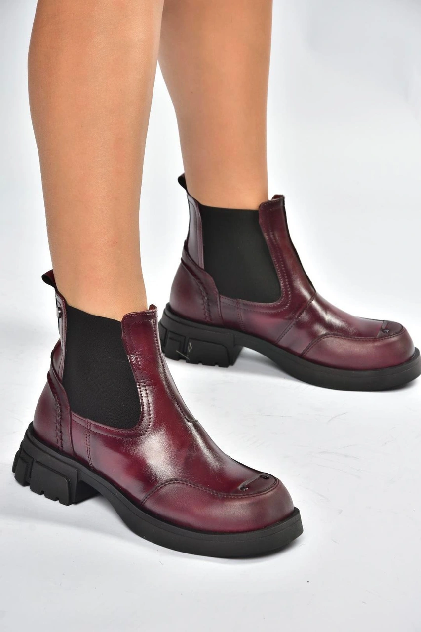 Fox Shoes V312402609 Bordo Kalın Tabanlı Lastik Detaylı Kadın Bot Bordo-suni Deri