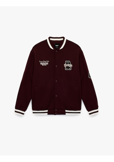 Koton İşlemeli Çizgi Detaylı Çıtçıt Düğmeli Cepli Bomber Ceket Bordo 6wam50028mk Bordo