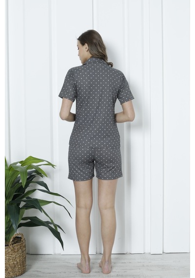 Wordex Mirano 1201 Pegasus Kumaş Düğmeli Şortlu Likralı Kadın Pijama Takımı Füme