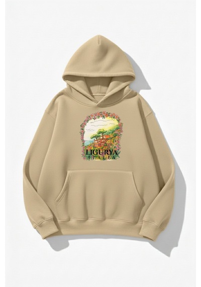 Uyguntarz Unisex Yumuşak Dokulu Italy Ligurya Baskılı Tasarım Oversize 3 İplik Hoodie Sweatshirt Bej