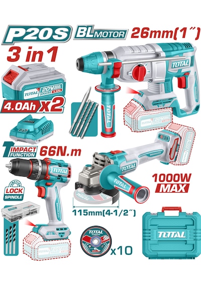 Total TOSLI241198E 3'lü Set Kırıcı Delici + Darbeli Matkap + Taşlama