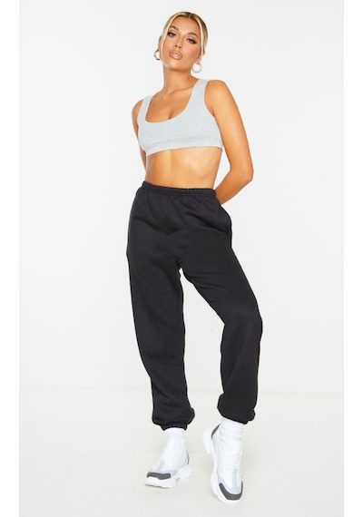 Basic Düz Eşofman Altı Jogger - Siyah Lastik Paça Yüksel Bel Siyah