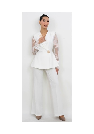 Dorne Moda Geniş Paça Takım Beyaz Beyaz
