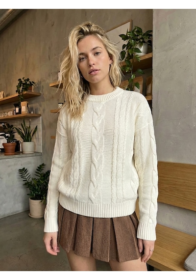 Sayzen Your Shine Saç Örgülü Basic Regular Triko Kazak Sy-2605 Ekru