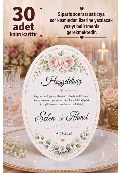 30 Adet Elips Masa Hoşgeldiniz Kartı - Masa Kartı - Teşekkür Kartı