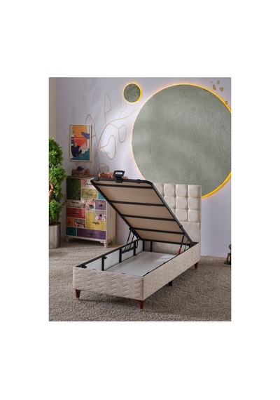 Beehanem Bengü Modern Yatak + Baza + Başlık Seti 100x200 Geniş Tek Kişilik Krem Depolama Alanlı 3'lü 100 x 200