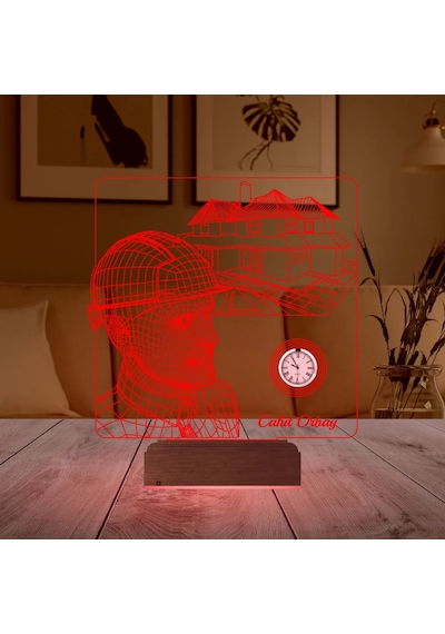 Luvivia İnşaat Mühendisi Mimar Müteahhit Kişiye Özel Metal Saatli 3d Lamba - Masa Gece Lambası Şeffaf