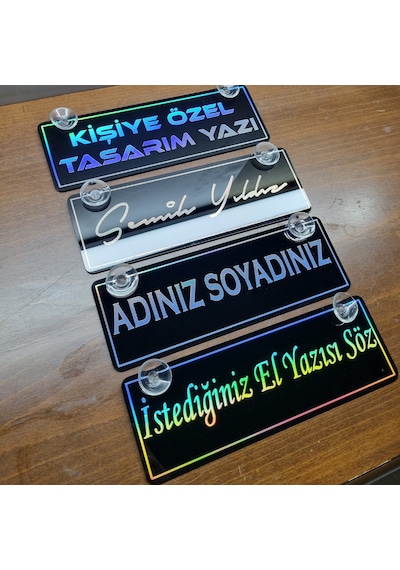 Kişiye Özel Hologram Vantuzlu Dekor Plaka Parlak Siyah Pleksi Oto Aksesuar Vantuzlu 22x7,5 Cm Lazer Kesim