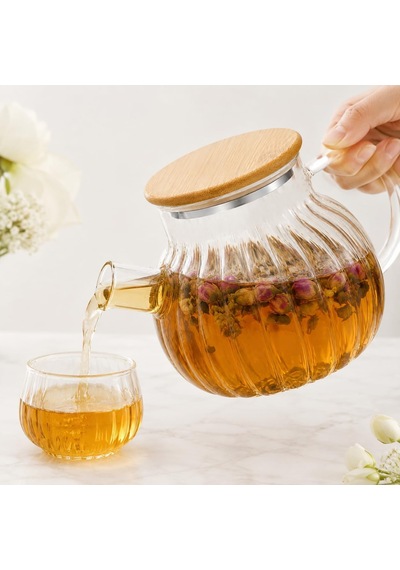 Bambu Kapaklı Kendinden Süzgeçli Borosilikat Cam Demlik 1000 Ml Isıya Dayanıklı Termisil Cam Çay, Kahve Ve Bi Diğer