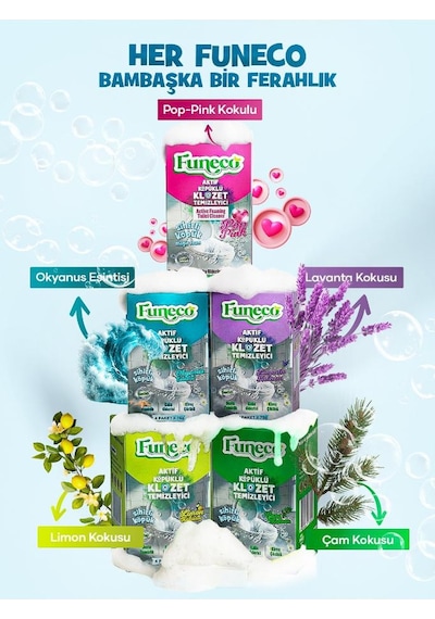 Funeco Klozet Tuvalet Wc Temizleyici, 1 Kutuda 4 Paket 300g , Aktif Köpüklü, Doğa Dostu, Okyanus