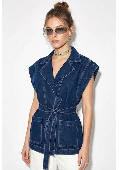 Shade Kadın Kuşak Bağlamalı Cepli Kruvaze Yaka Denim Yelek 3551 60286226 - Lacivert