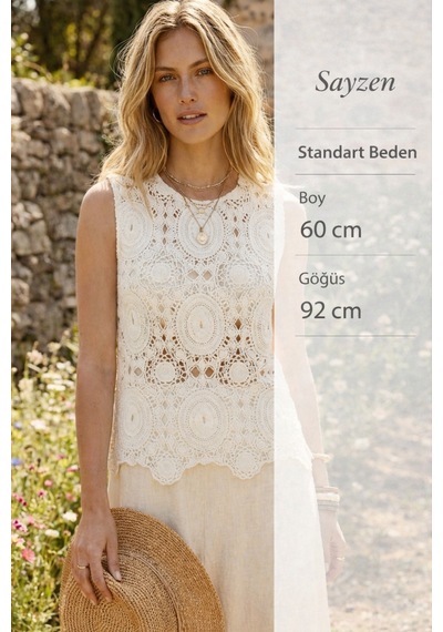Sayzen Your Shine Kolsuz Dantel/tığ Dokuma Kadın Bluz Shn-2603 Beyaz