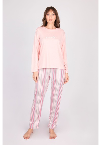 Burcumay Kadın Uzun Kollu Yumuşak Dokulu Pembe Pijama Takımı Pembe