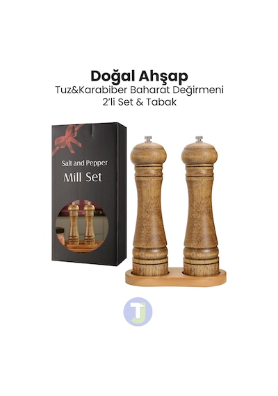 Technojet 2 Adet Doğal Ahşap Karabiber Tuz Kahve Baharat Öğütücü Ahşap Değirmen Tuzluk Biberlik 2li Set Tabaklı 22cm 2li Set Tabaklı 22cm
