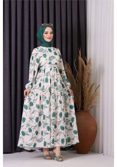 Dip Moda Kadın Keten Desenli Tesettür Elbise Sms002 - Bej Camel