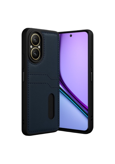 Realme 12 Lite Uyumlu Deri Kartvizitli Kartlıklı Premium Telefon Kılıfı Kapak Lacivert
